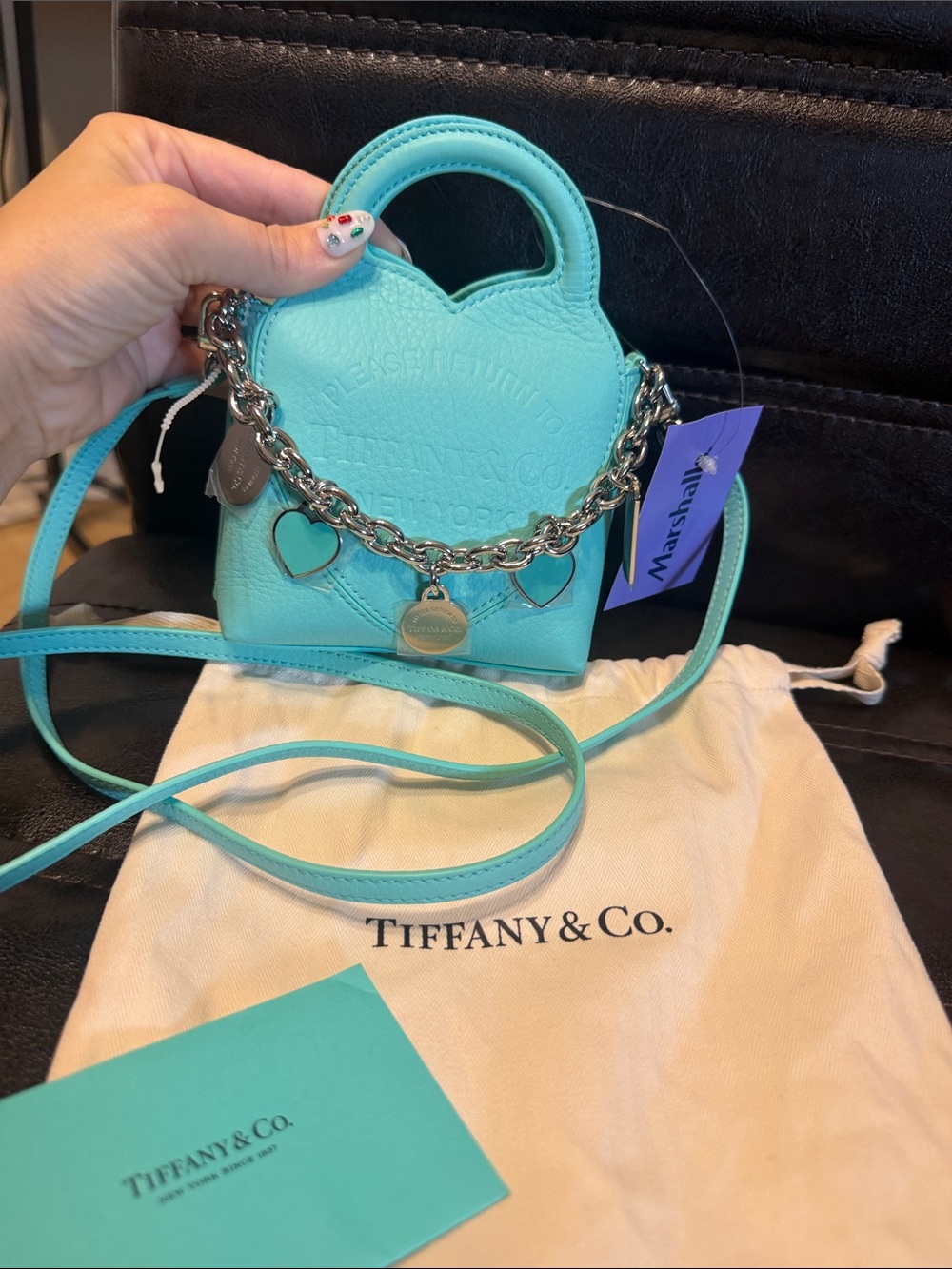 Tiffany & Co. Small Tiffany Blue Leather Crossbody with Heart Charm Chain